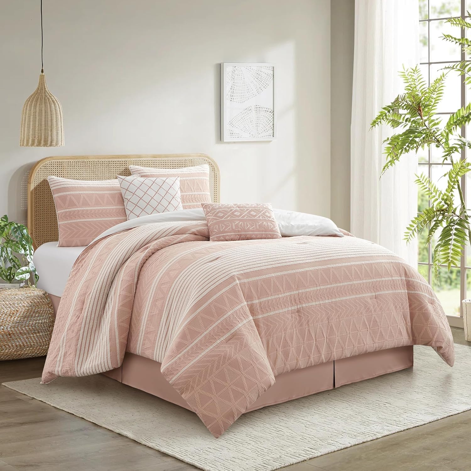 Grand Avenue Cotton Queen Size Comforter Set, 6 Piece, Blush Geometric Jacquard Bedding Set, Bedskirt, Pillows & Shams, Home Decor