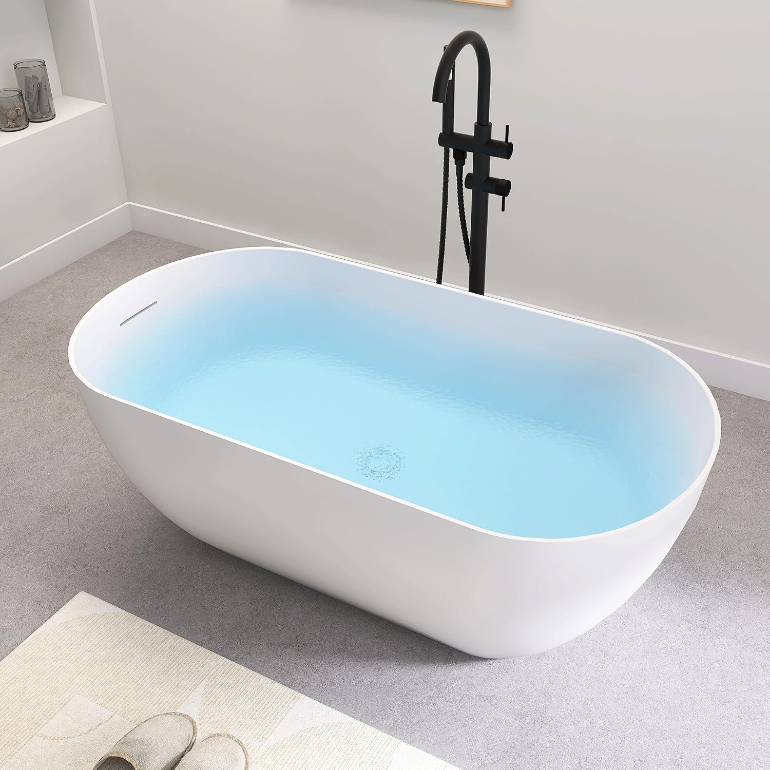 SJ STAR&JANE 51' Solid Surface Freestanding Bathtub, Matte White Oval Soaking Stone Resin Tub with Overflow and Pop-up Drain for Modern Bathrooms
