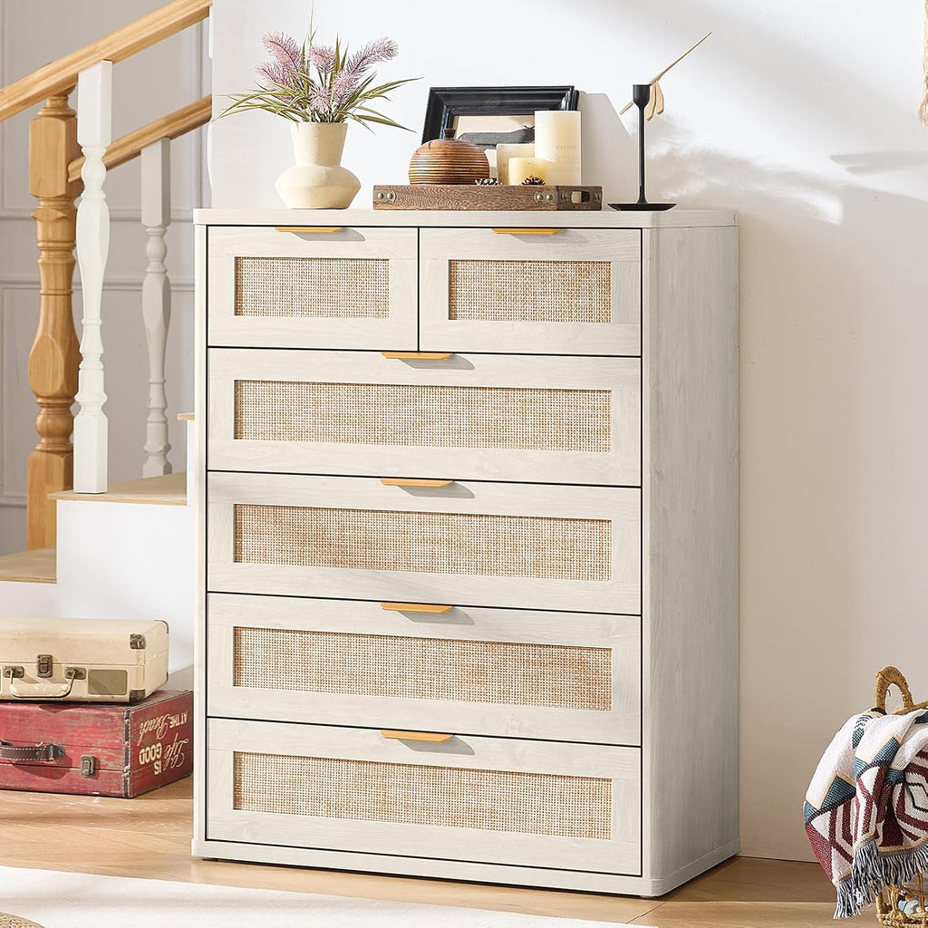 LEYAOYAO Rattan Dresser and Nightstand Set of 4, Boho Wood Dresser for Bedroom with 6 Drawers and Night Stand with Charging Station, Bedroom Furniture,Dressers & Chests of Drawers,Living Room,Hallway