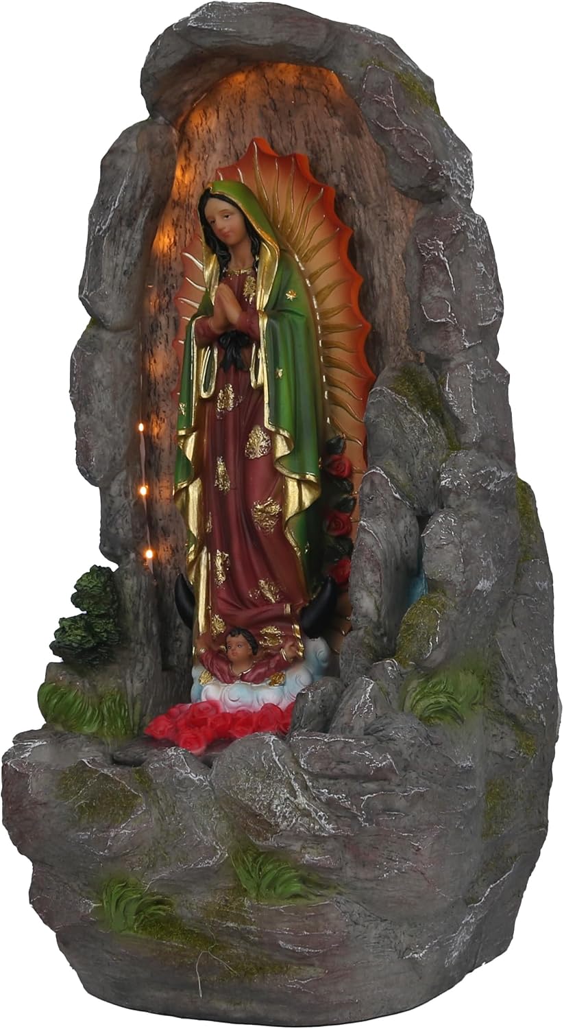 Our Lady of Guadalupe Religious Stone-Look Finish Tabletop Water Pump Fountain 17' with Led, Indoor, Virgen De Guadalupe Fuente con Bomba de Agua