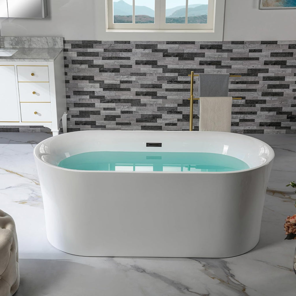 WOODBRIDGE 59' Acrylic Freestanding Bathtub Contemporary Soaking Tub with Matte Black Overflow and Drain,White Tub,B0058-MB