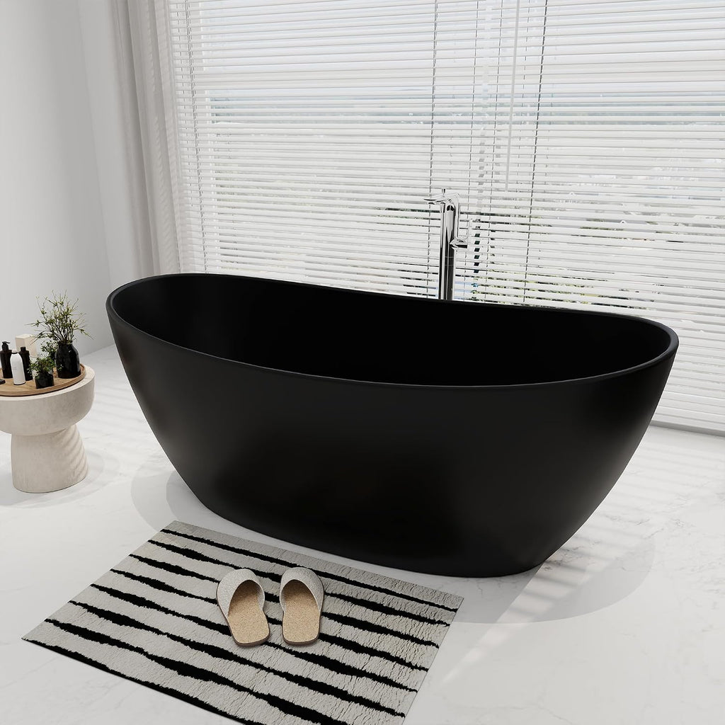 SJ STAR&JANE 65' Solid Surface Freestanding Bathtub Stone Resin Soaking Tub Matte Black Double Slippers Stand Alone Oval Tub with Pop-up Drain and Overflow for Bathroom