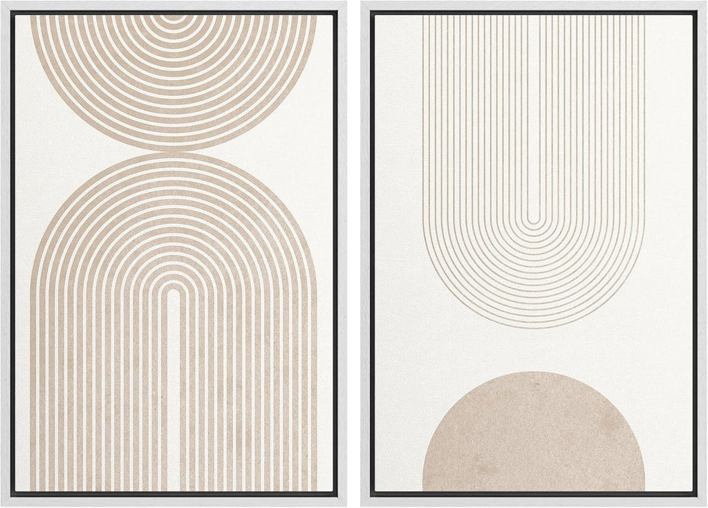 SIGNFORD Framed Canvas Print Wall Art Set Beige & White Duotone Geometric Spiral Polygons Abstract Shapes Illustrations Modern Art Decorative Minimalist Relax/Cozy for Bedroom - 24'x36'x2 White