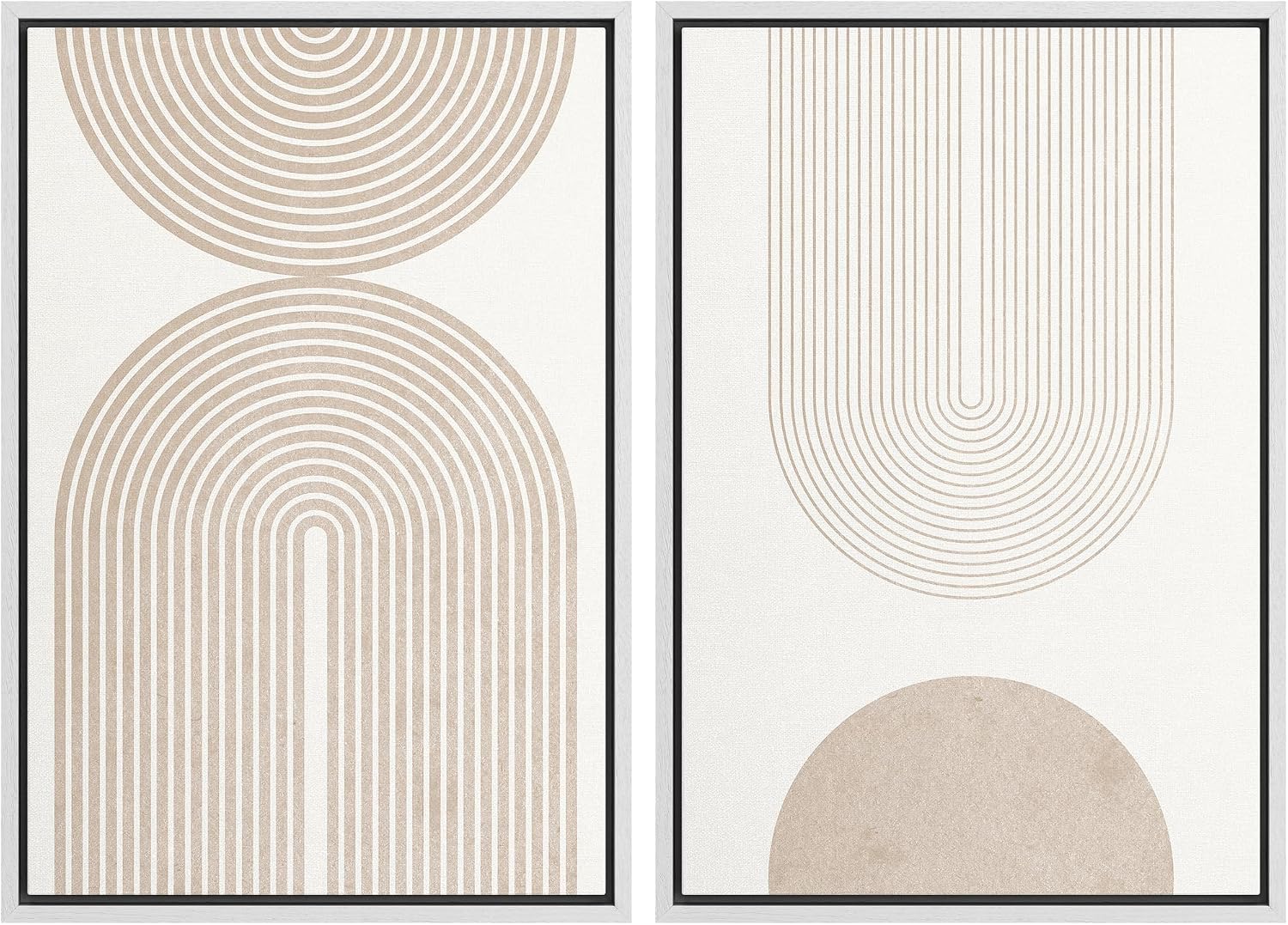 SIGNFORD Framed Canvas Print Wall Art Set Beige & White Duotone Geometric Spiral Polygons Abstract Shapes Illustrations Modern Art Decorative Minimalist Relax/Cozy for Bedroom - 24'x36'x2 White