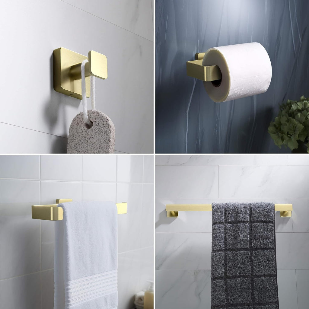 Kibi Blaze 5-Piece Bathroom Hardware Set – Includes 19 -Inch Hand Towel Bar and Holder, Toilet Paper Holder, Robe Hook – Wall Mounted, Solid Brass, Modern Bath Accessories (Brushed Gold, KBA16-5-1)