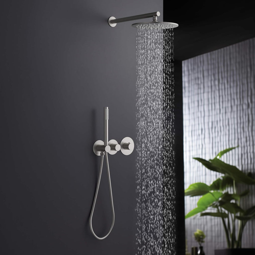 KIBI Circular Brushed Nickel Thermostatic Shower System – Rainfall & Handheld Shower Head Set | 2-Function Shower Faucet Set with Rough-In Valve | Solid Brass Build & Temperature Control (KSF410BN)
