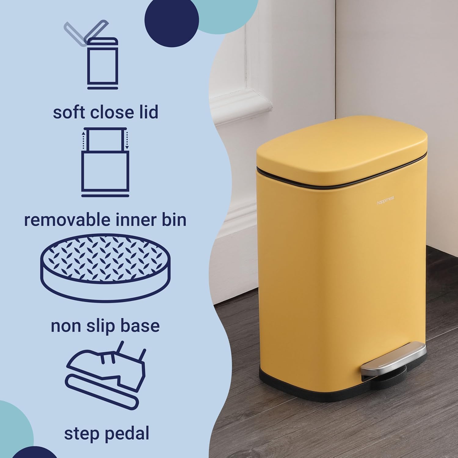 happimess HPM1006L Connor Rectangular 13-Gallon Trash Can with Soft-Close Lid and Free Mini Trash Can, Fingerprint Resistant, Modern, Minimalistic for Home, Kitchen, Office, Bathroom, Daffodil Yellow