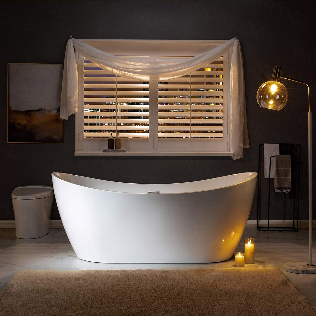 WOODBRIDGE 71'Freestanding White Acylic Soaking Bathtub with Drain Kit and Floor Mount Tub Filler in Brushed Nickel,BTA1517 -B/N-Drain &O +F0001BNSQ