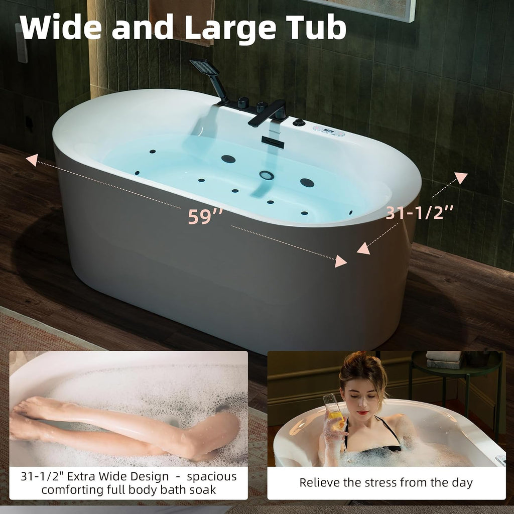 WOODBRIDGE 59' x 31-1/2' Whirlpool and Air Bath Heated Soaking Combination Tub with Adjustable Speed Air Blower, Tub Filler, and LED control panel, Matte Black Finish Trim and Drain Kit, BM100+F0051MB