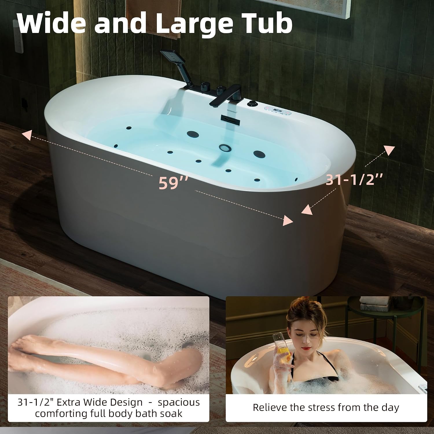 WOODBRIDGE 59' x 31-1/2' Whirlpool and Air Bath Heated Soaking Combination Tub with Adjustable Speed Air Blower, Tub Filler, and LED control panel, Matte Black Finish Trim and Drain Kit, BM100+F0051MB