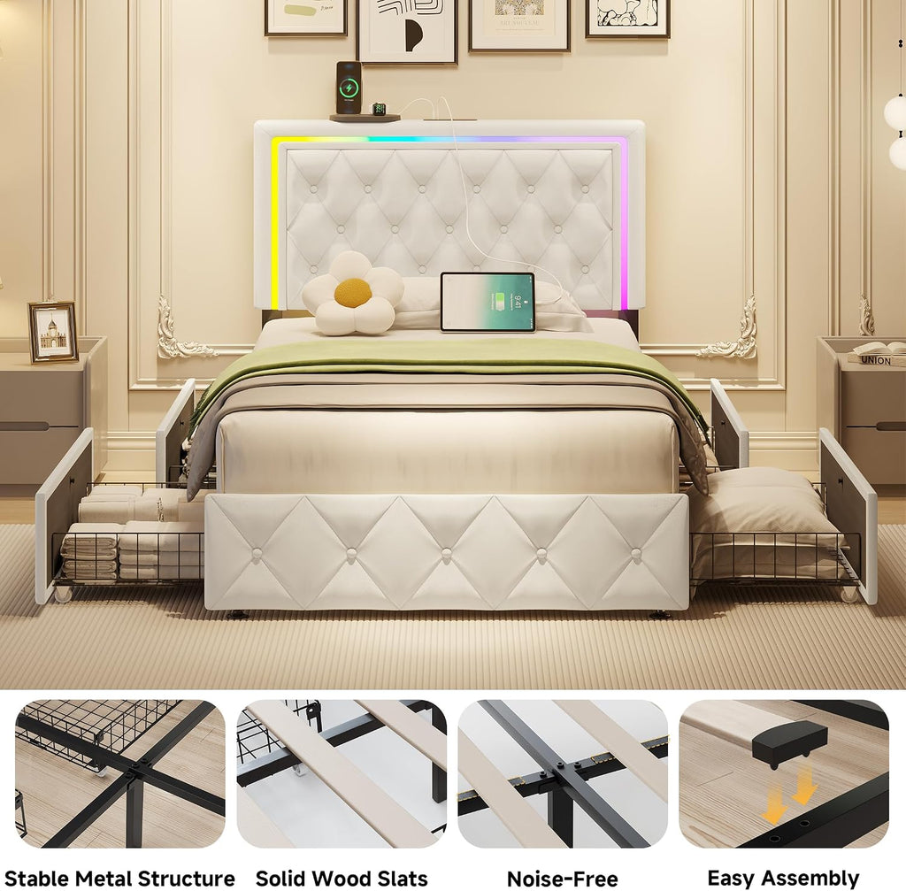 LED Twin Bed Frames with Headboard and Storage,Twin Size Bed Frames with 4 Storage Drawers and LED Lights,Velvet Upholstered Platform Twin Bed Frame with Charging Station,No Box Spring Needed,White