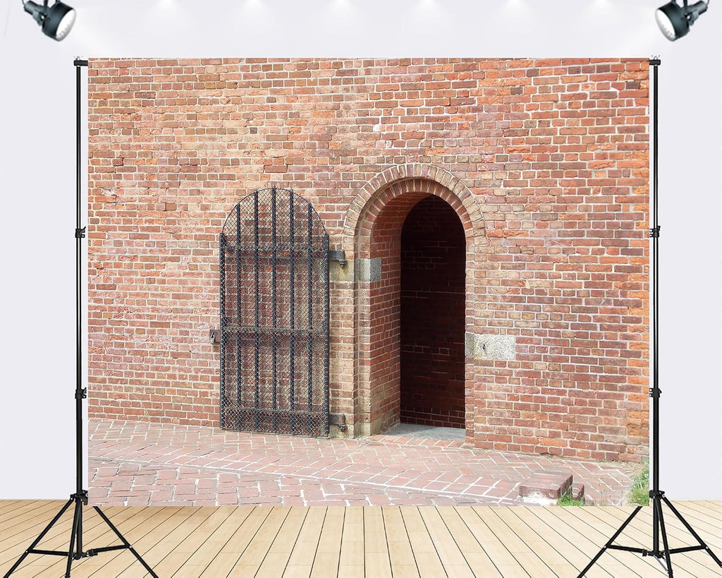 Trykid 20x10ft Historic Brick Archway Backdrop Red Masonry Wall Wrought Iron Gate Cobblestone Path Vintage Photography Background Retro Party Tapestry Decoration Photo Studio Prop Fabric