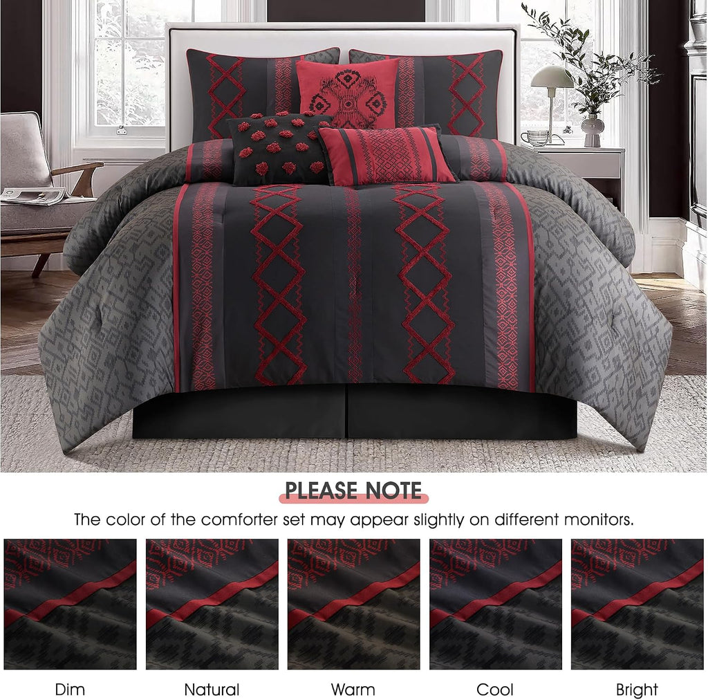 LANCO MODERN LIFESTYLE Black Red Queen Comforter Set, 7 Pieces All Season Bedding Sets in a Bag with Geometric Terry Embroidered Comforter, Bed Skirt, Pillow Shams and Decorative Pillows