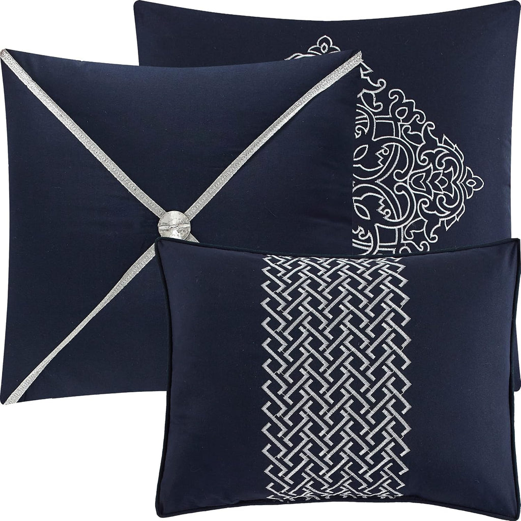 Grand Avenue Navy Damask Patchwork Queen Size Comforter Set, 7 Piece, Chain Stitching Embroidery Ultra Soft, Premium Microfiber, All Season