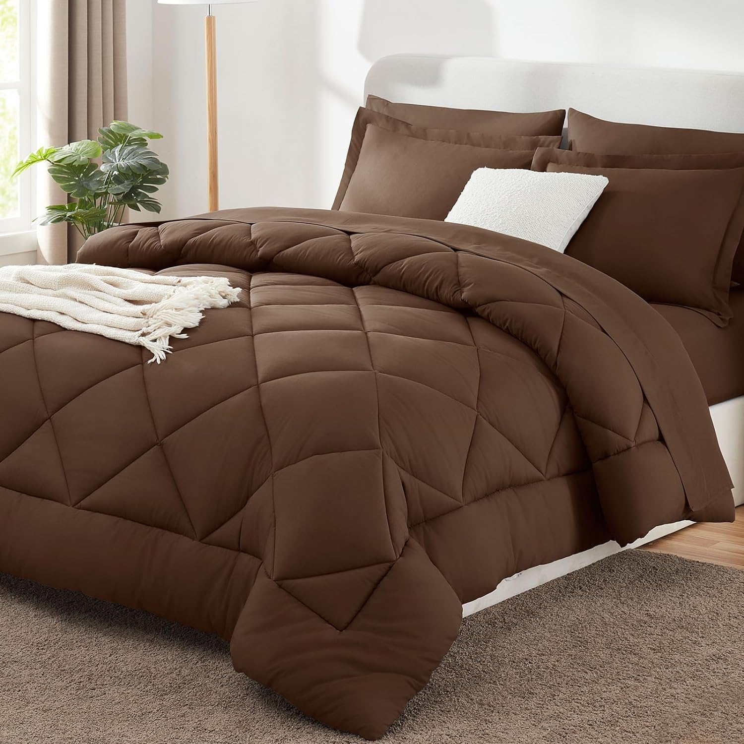 CozyLux Super King Comforter Set Brown, 7 Pieces Bed in a Bag Comforter Set with Sheets, All Season Bedding Set with Down Alternative Comforter, Sheets, Pillowcases & Shams