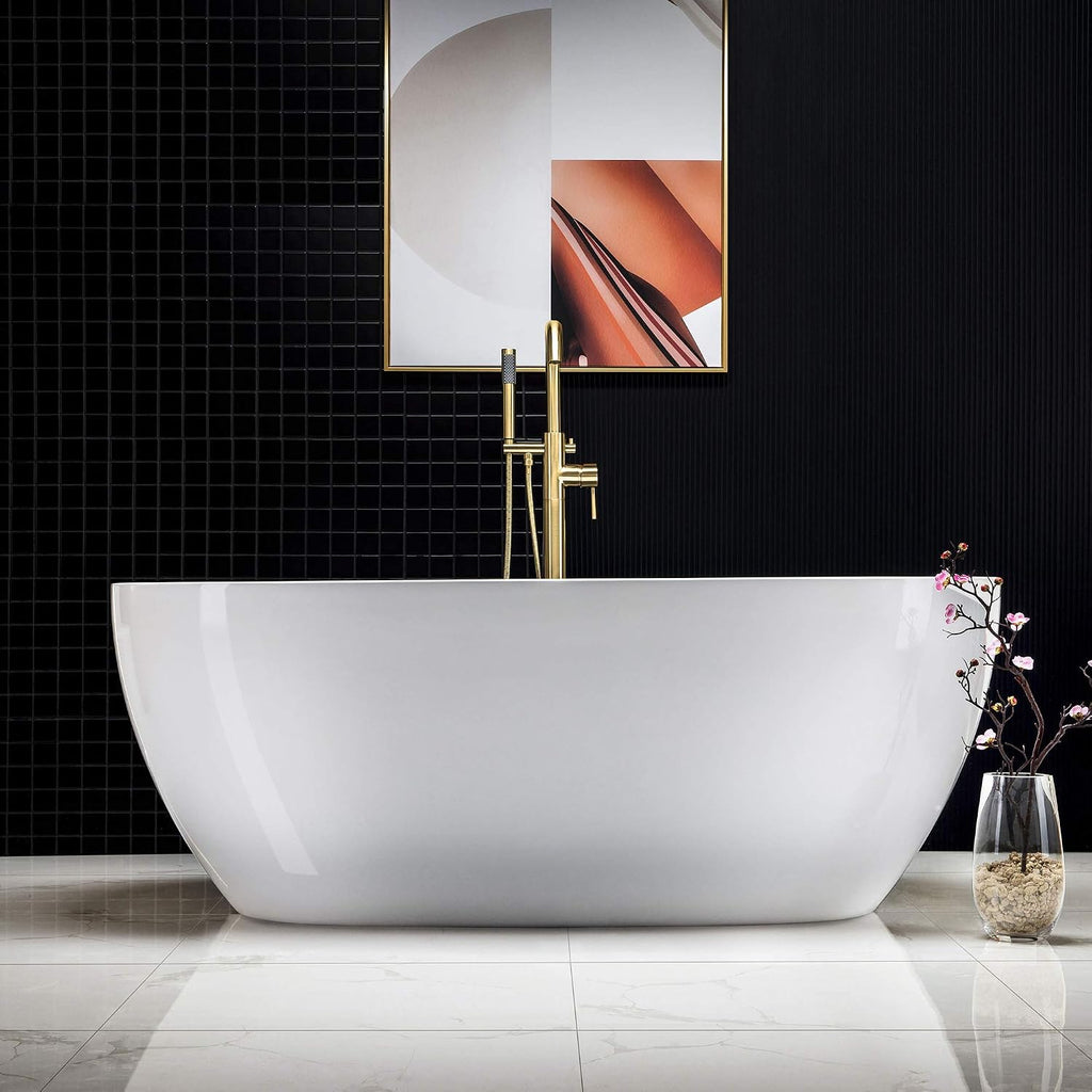 WOODBRIDGE 67' Acrylic Freestanding Bathtub Contemporary Soaking White Tub with Brushed Gold Overflow and Drain，BTA1528-BG