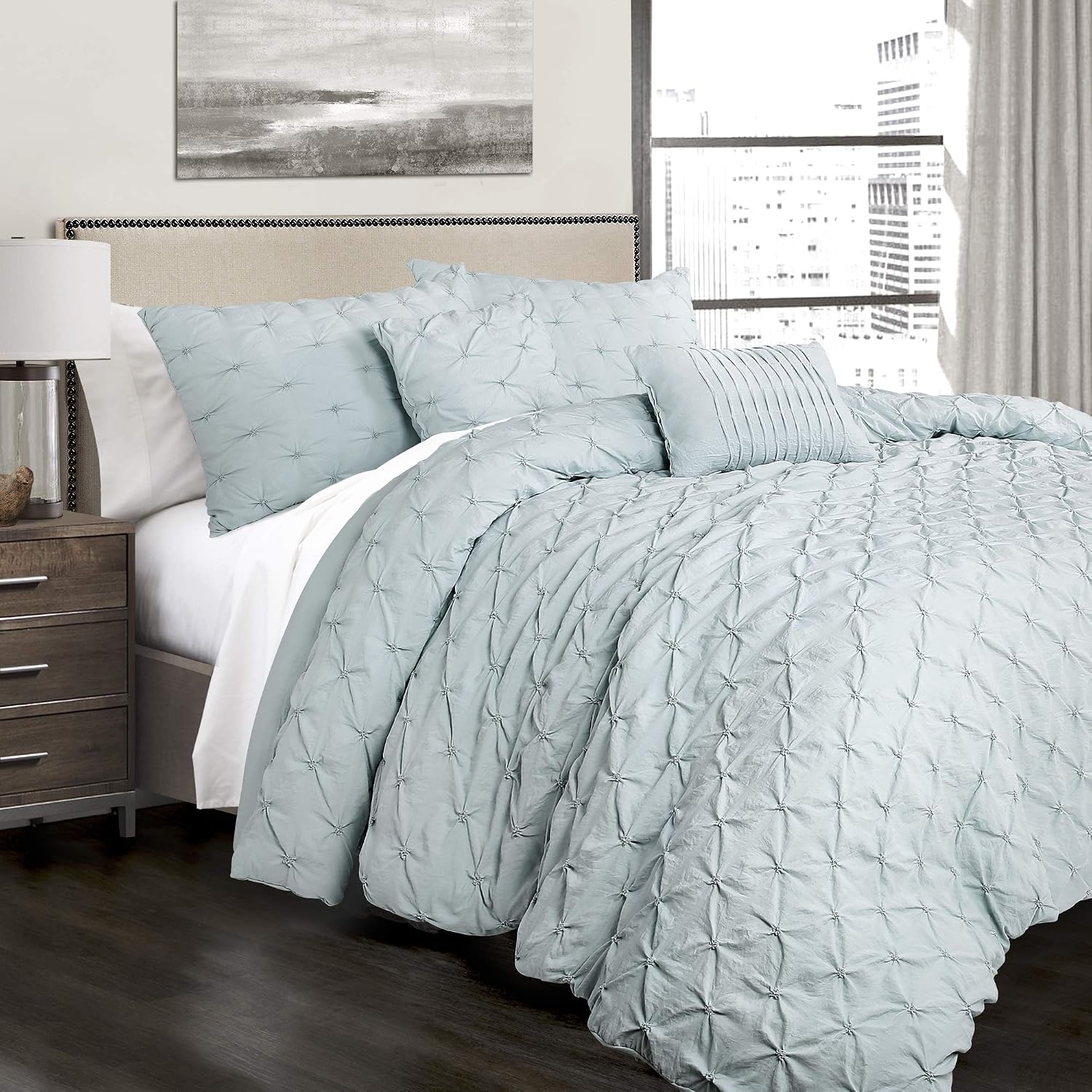 Lush Decor Ravello Pintuck Comforter Set - Luxe 5 Piece Textured Bedding Set - Traditional Glam & Farmhouse Inspired Bedroom Decor - Full/ Queen, Blue