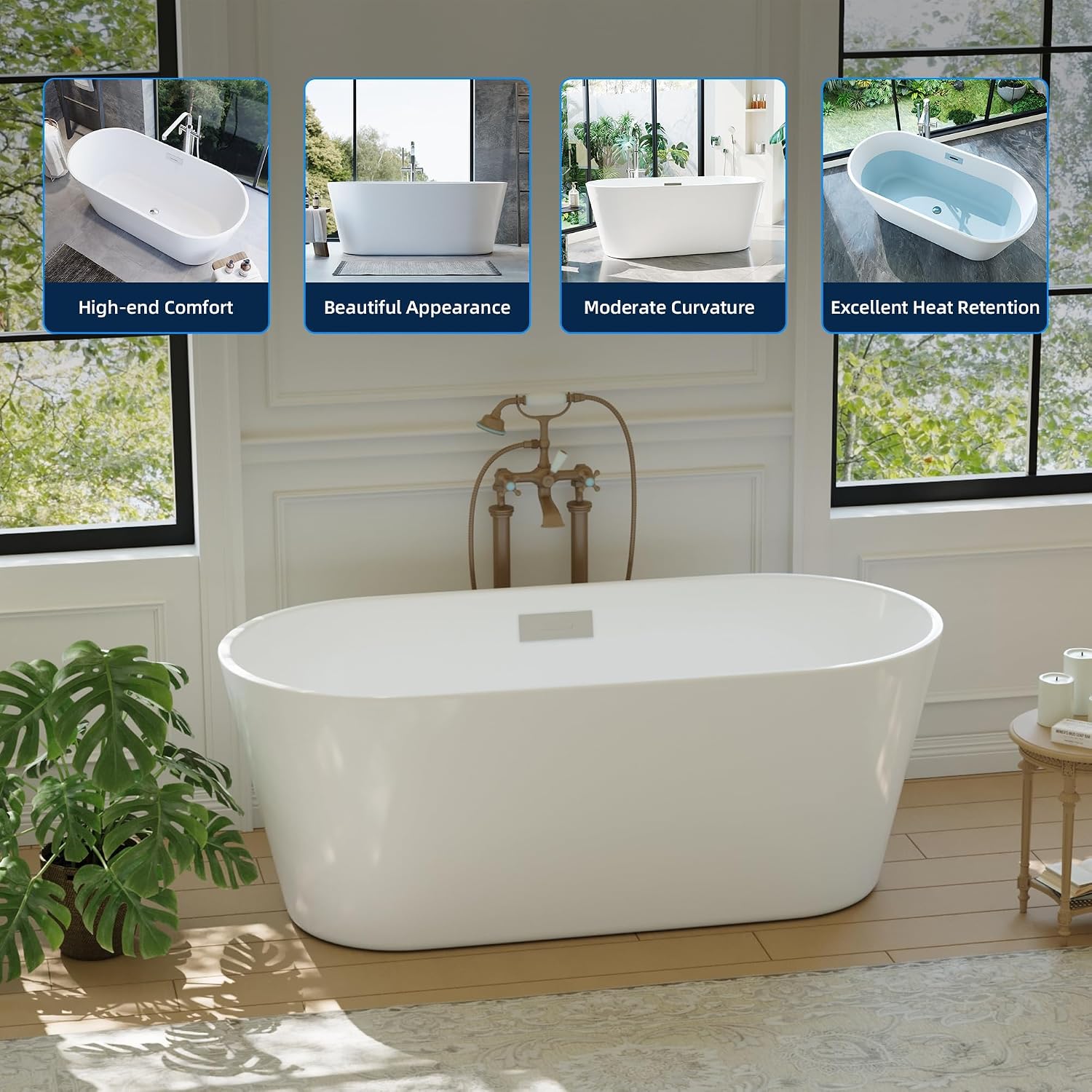 59 Inch Acrylic Freestanding Bathtub, Deep Soaking Tub with Non-Slip Base, CUPC Certified Free Standing Tub, Chrome Drain Bath Tub, Modern Tub for Bathrooms, White
