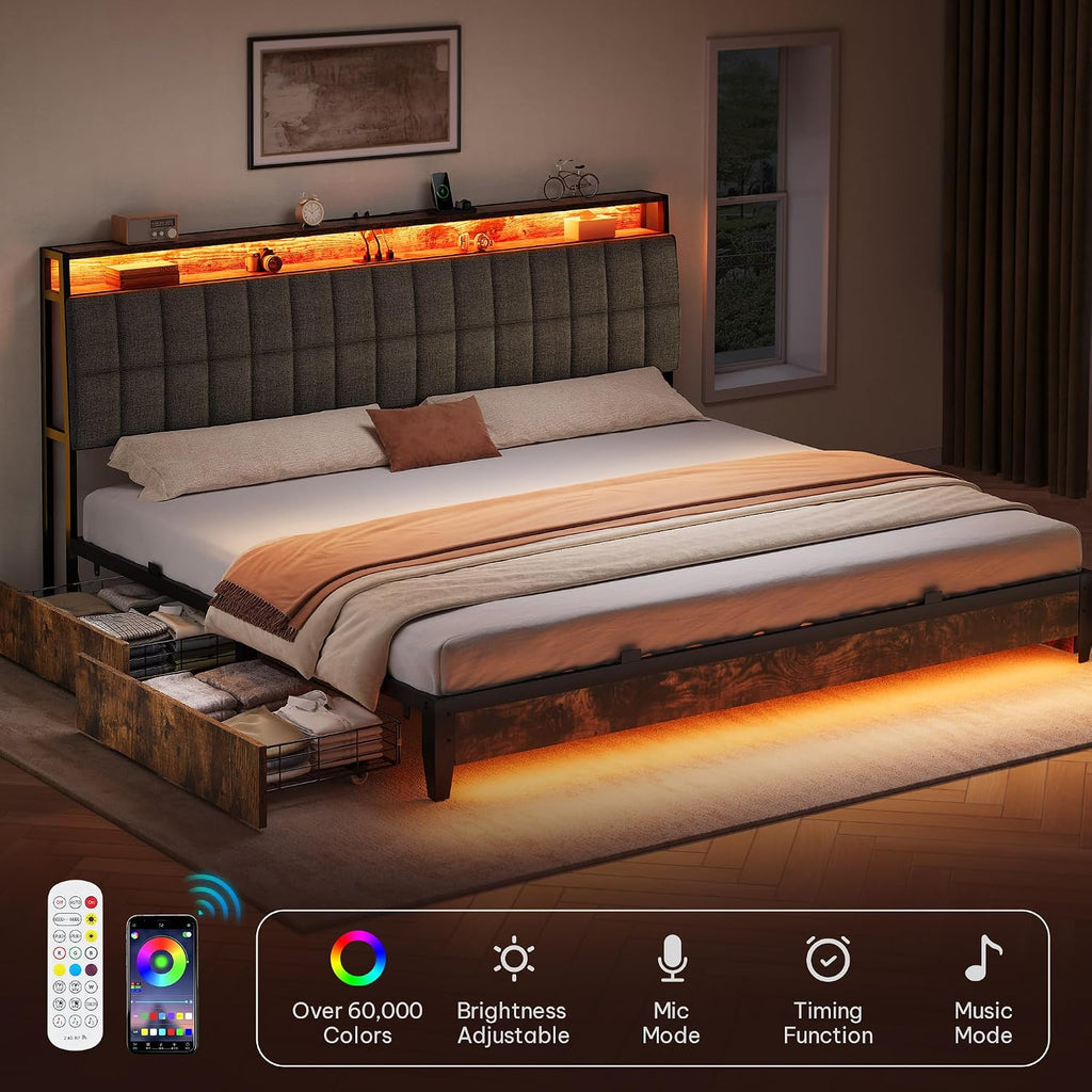 YITAHOME Queen Size Bed Frame with RGB LED Lights and 4 Drawers, Upholstered Platform Bed with Charging Station and Storage Headboard, No Box Spring Needed, Noise-Free, Fast Assembly, Rustic Brown