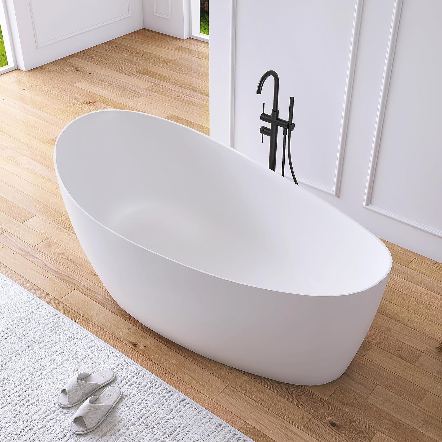 65' Free Standing Tub Bathtub Resin Stone, Solid Surface Freestanding Bathtub, Contemporary Soaking Tub Bathtubs with Overflow and Pop up Drain, Matte White