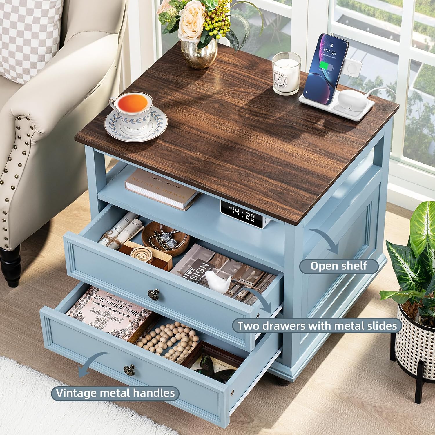 Joaxswe Farmhouse Furniture Set, Nightstands Set of 2 and 7 Drawers Dresser for Bedroom, 54 Inch Wide Wood Dresser and 24' Night Stands with Charging Station for Bedroom, Living Room, Hallway