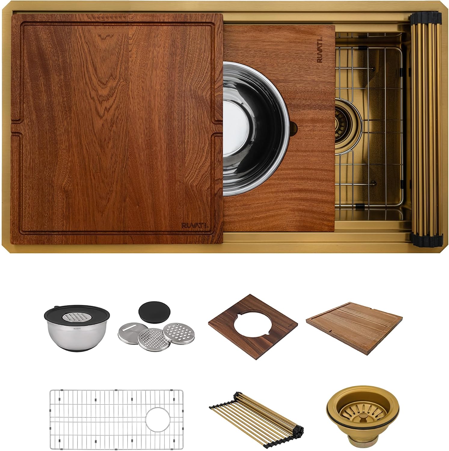 Ruvati 33-inch Polished Brass Matte Gold Stainless Steel Workstation Two-Tiered Ledge Undermount Kitchen Sink - RVH6222GG
