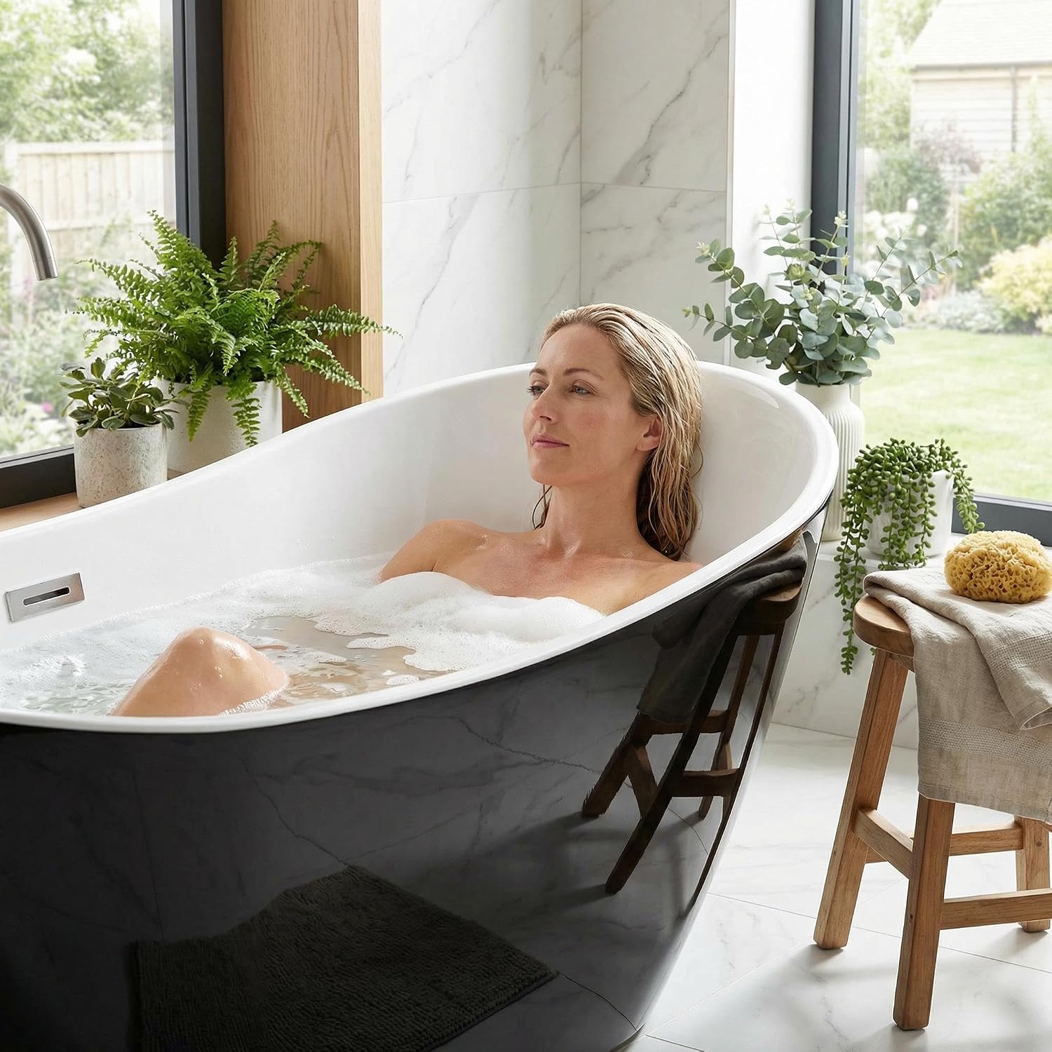 Garvee 59' Acrylic Soaking Bathtub, Deep Modern Tub with Non-Slip Base, CUPC Certified, Space-Saving Bath with Chrome Drain and Overflow, Easy Install for Small Bathrooms, Black