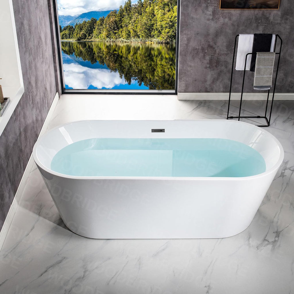 WOODBRIDGE 71' Acrylic Freestanding Bathtub Contemporary Soaking White Tub with Matte Black Overflow and Drain,White,B1701 MB