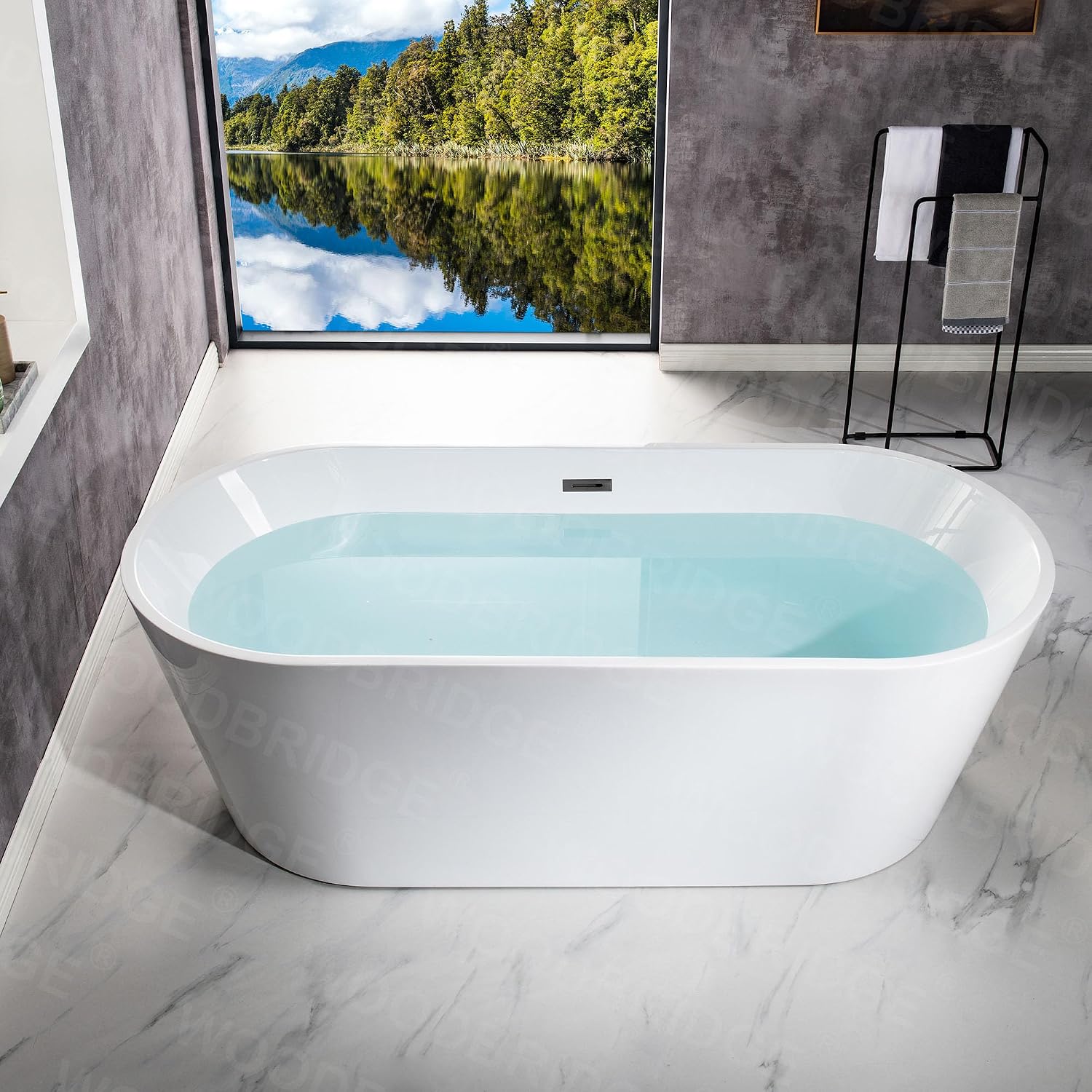 WOODBRIDGE 71' Acrylic Freestanding Bathtub Contemporary Soaking White Tub with Matte Black Overflow and Drain,White,B1701 MB