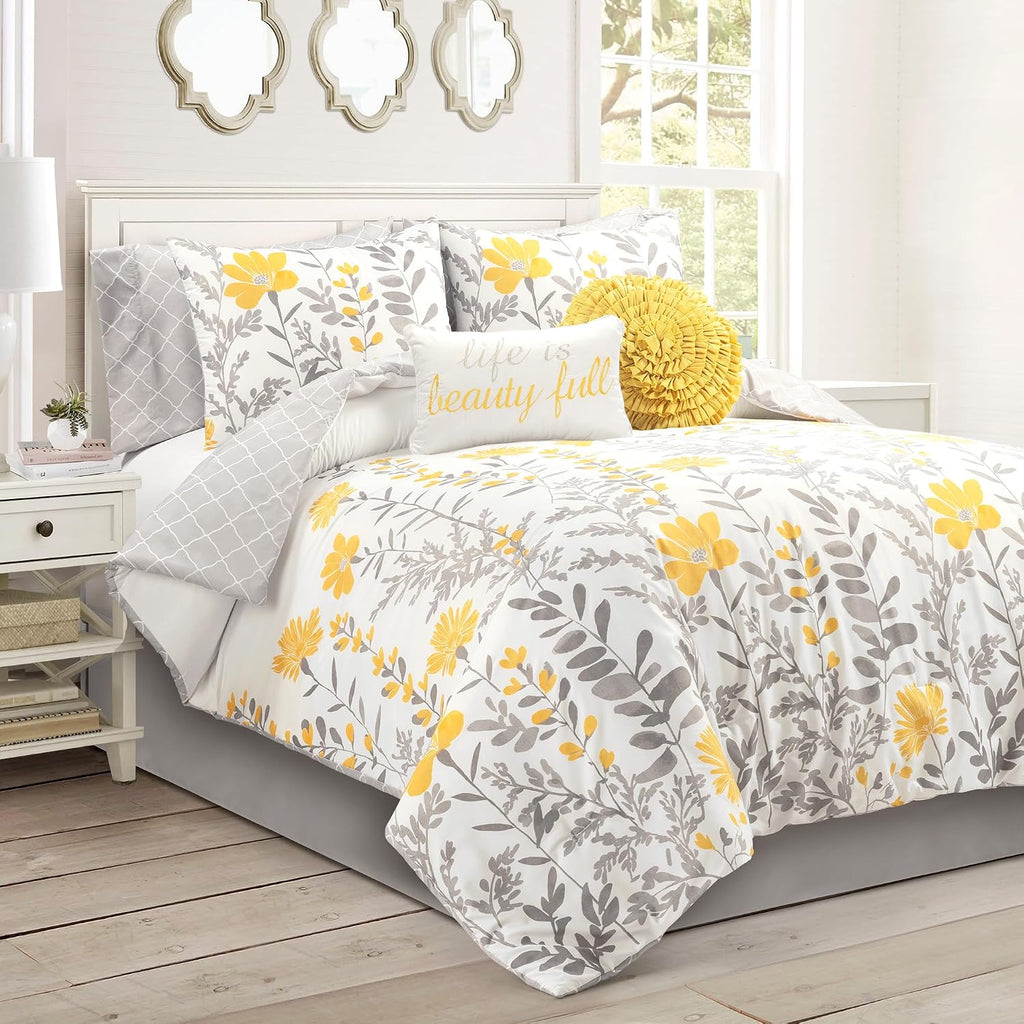 Lush Decor Aprile Soft Reversible Floral Comforter Set, 8 Piece Set, Queen, Yellow & Gray - Floral Bedding Set - Queen Sized Comforter Full - Yellow Bedding - Spring Home Decor - Cottage - Farmhouse