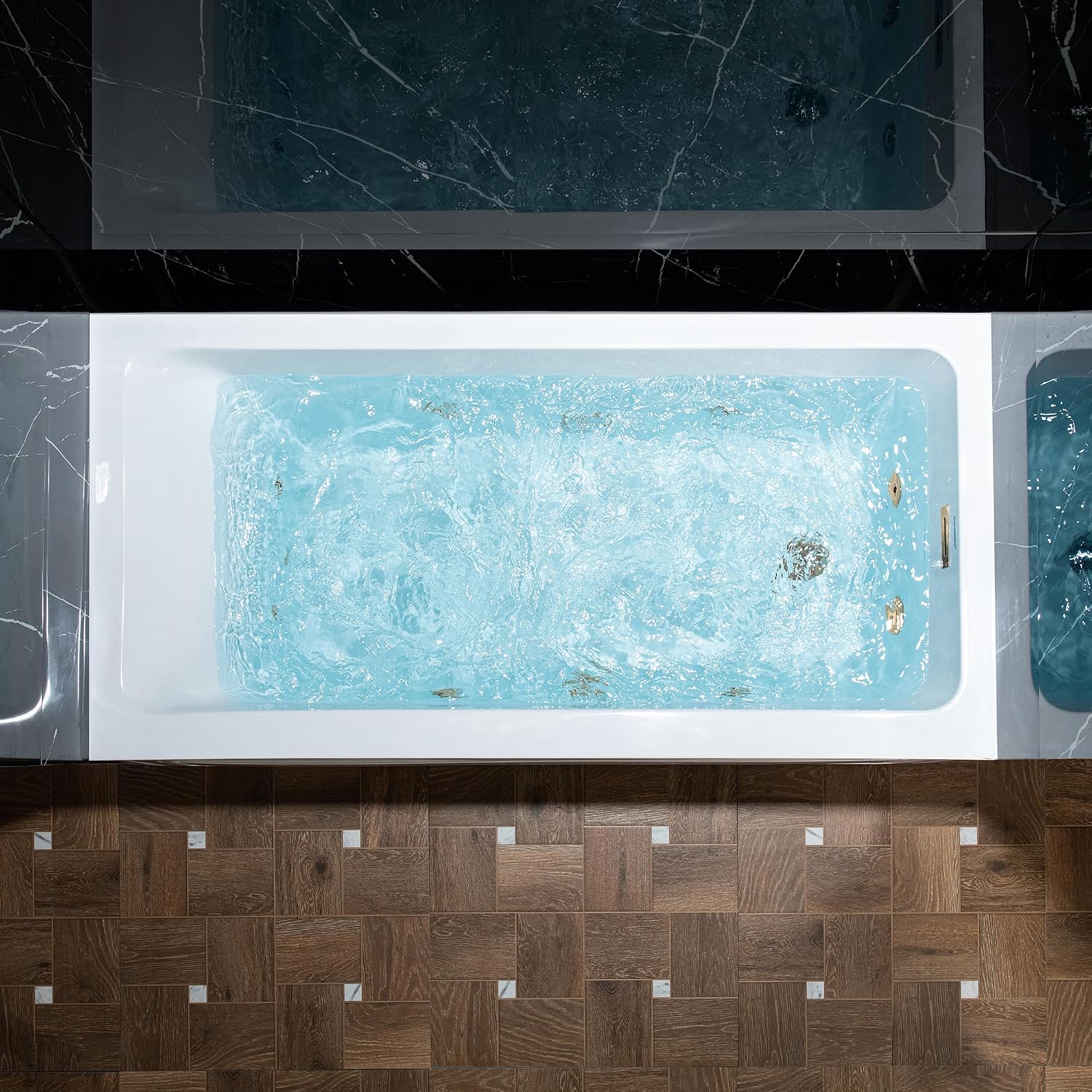 WOODBRIDGE 60' x 32' Alcove Acrylic Rectangular Whirlpool Heated Jetted Tub in White with right Drain, Brushed Gold Finish Trim and Drain Kit Included, BS667-R-BG03