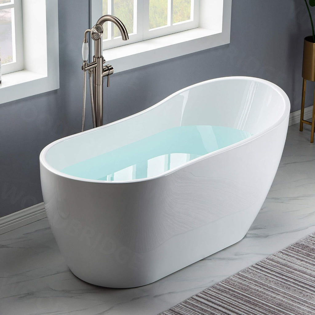 WOODBRIDGE 59' Acrylic Freestanding Bathtub Contemporary Soaking White Tub with Brushed Nickel Overflow and Drain，B-1530 -B/N-Drain &O