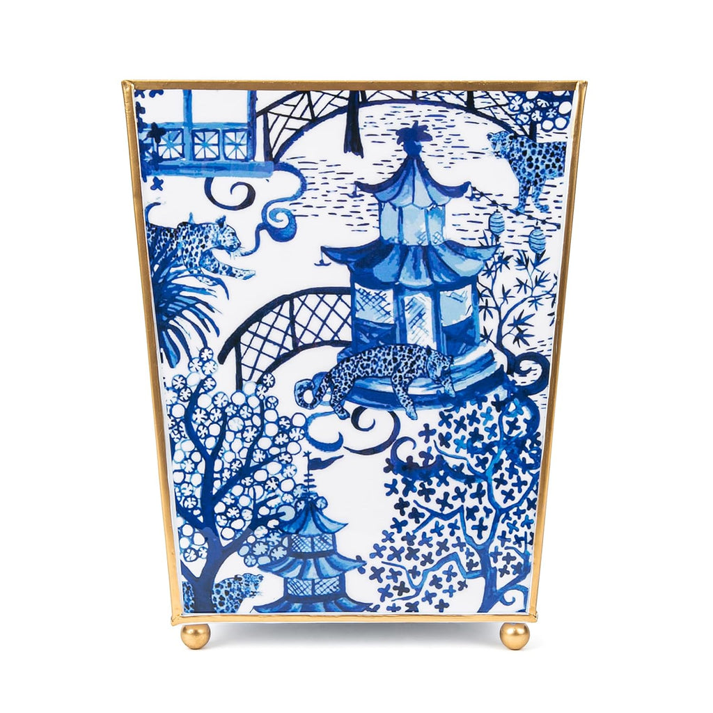 Jaye's Studio Garden Party Decorative Gold Waste Basket for Bathroom Trash Can no Lid, Bedroom Garbage Can Square Office Trash Bin, Vanity Enamel White & Blue Bathroom Trash Can Gold Feet, 9 inch Wide