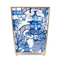 Jaye's Studio Garden Party Decorative Gold Waste Basket for Bathroom Trash Can no Lid, Bedroom Garbage Can Square Office Trash Bin, Vanity Enamel White & Blue Bathroom Trash Can Gold Feet, 9 inch Wide