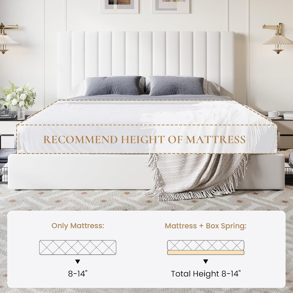 SHA CERLIN King Size Platform Bed Frame with 4 Storage Drawers, Vertical Channel Tufted Adjustable Headboard, Velvet Upholstered, Wooden Slats Support, No Box Spring Needed, Easy Assembly, White