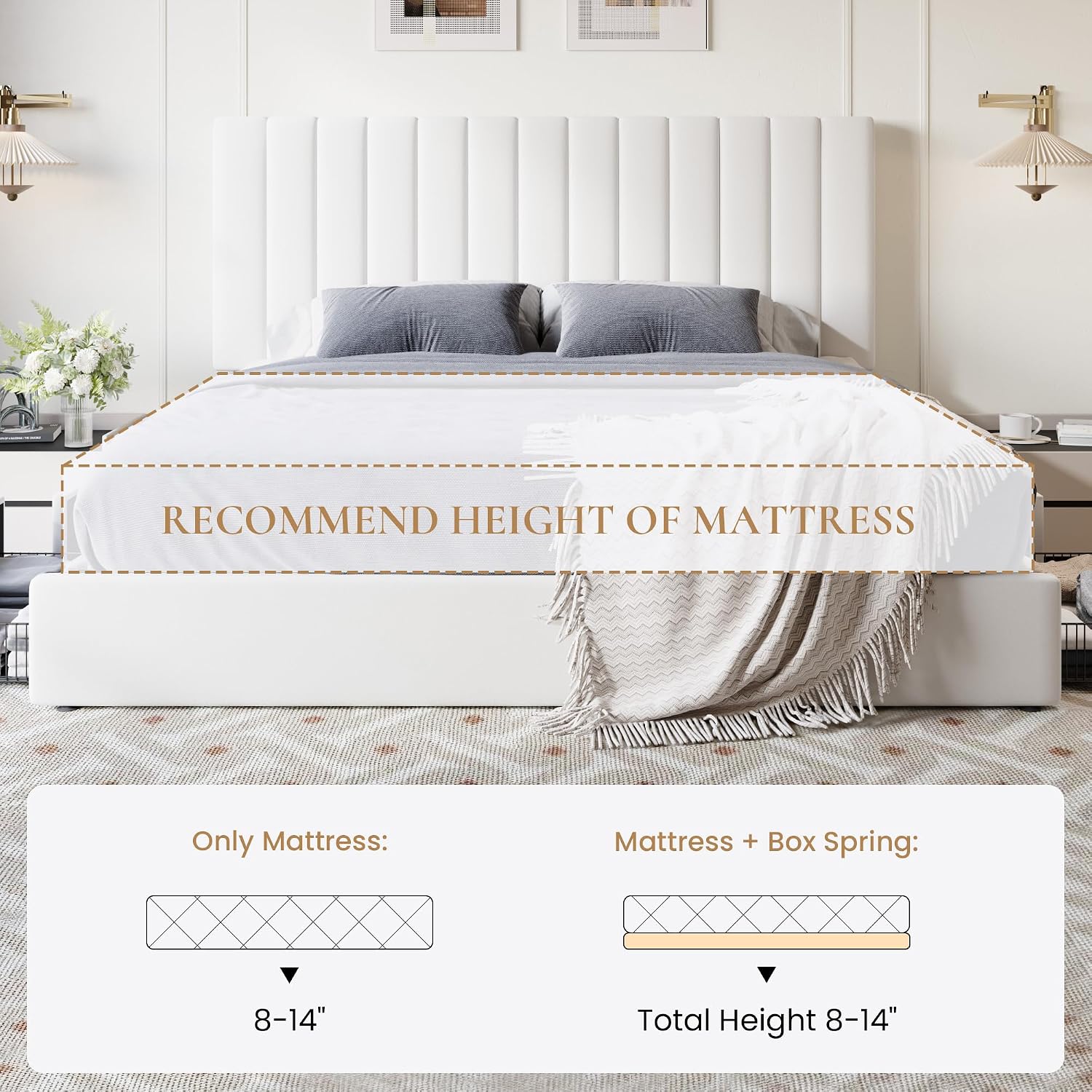 SHA CERLIN King Size Platform Bed Frame with 4 Storage Drawers, Vertical Channel Tufted Adjustable Headboard, Velvet Upholstered, Wooden Slats Support, No Box Spring Needed, Easy Assembly, White