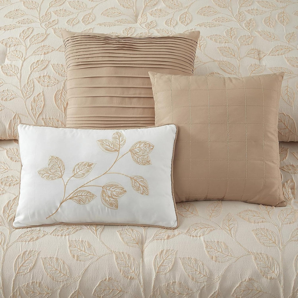 LANCO MODERN LIFESTYLE 7 Pieces Beige Gold Comforter Set, Queen Size, Jacquard with Matching Solid Microfiber Piecework, 3D Leaves Texture Design, Includes Bed Skirt, Shams, and Decorative Pillows