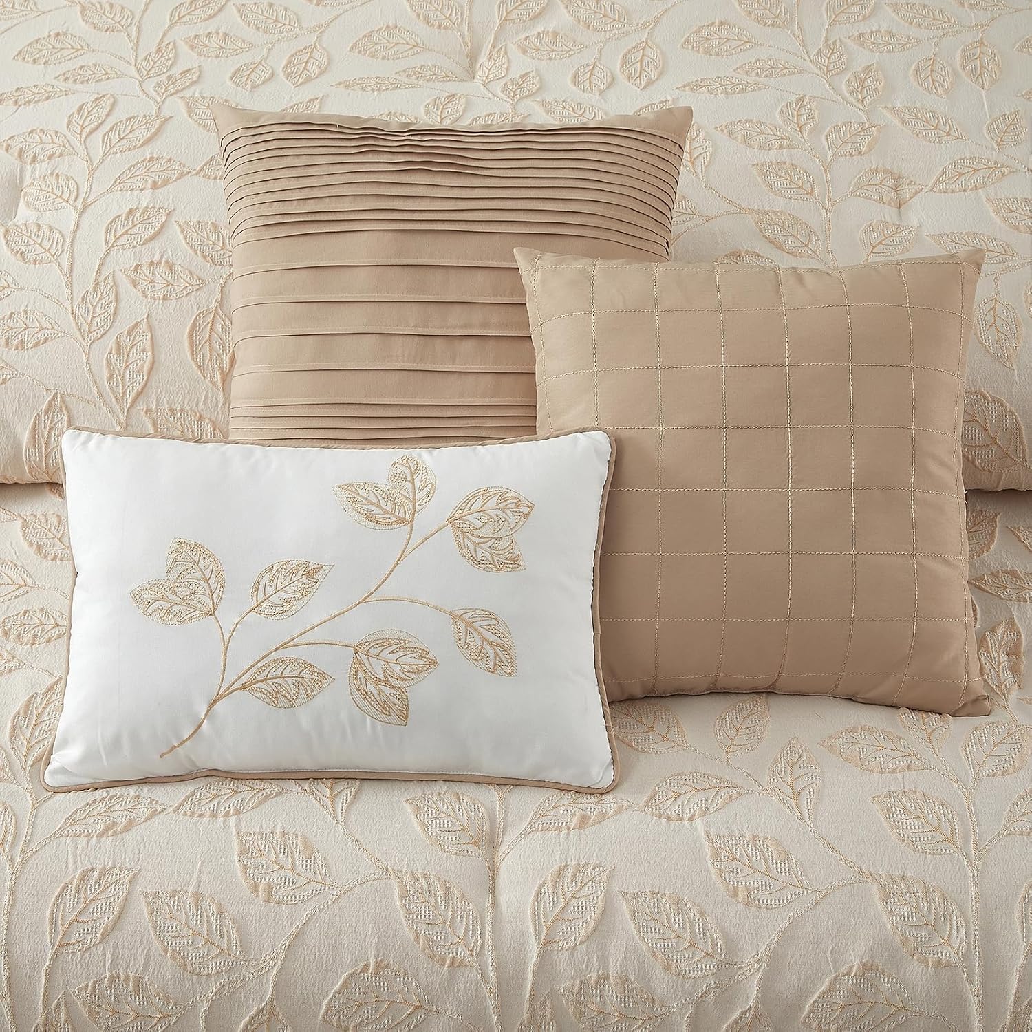 LANCO MODERN LIFESTYLE 7 Pieces Beige Gold Comforter Set, Queen Size, Jacquard with Matching Solid Microfiber Piecework, 3D Leaves Texture Design, Includes Bed Skirt, Shams, and Decorative Pillows