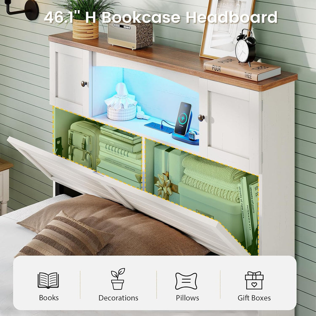 MSmask Farmhouse Bed Frame Twin Size with Bookcase and Storage Cabinets Headboard, Wood Platform Bed with LED Lights, Charging Station, 4 Drawers, Decoration Footboard, No Box Spring Needed, White