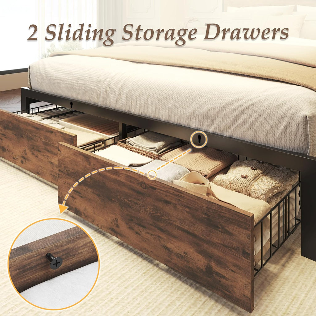 Lifezone Full Bed Frame with 2-Tier Storage Headboard, Metal Bed Frame with Storage Drawers & Built-in Charging Station & LED, Noise-Free, No Box Spring Needed, Easy Assembly, Rustic Brown