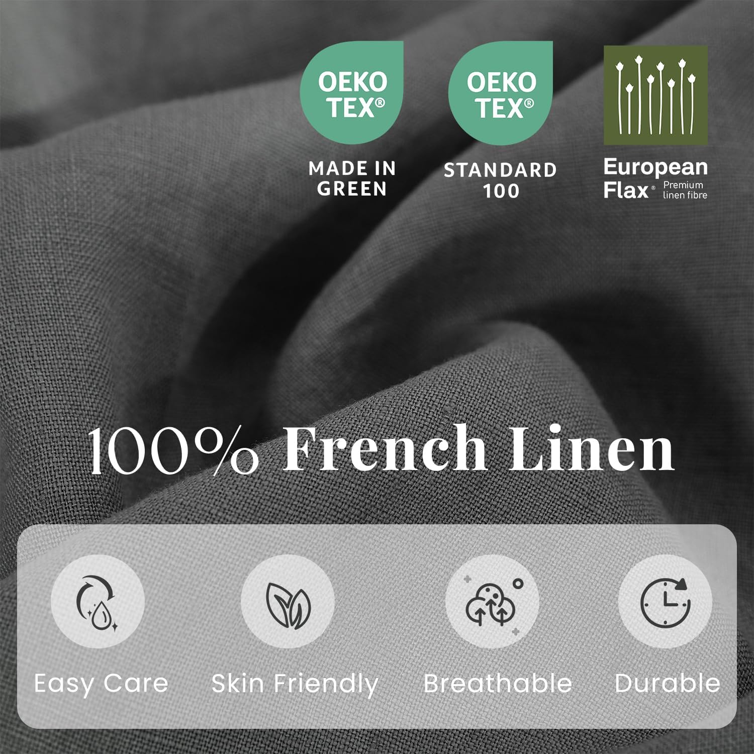 S VICTORY SYMBOL 100% Organic Linen Sheets Set Queen 4Pcs,Stone Washed French Flax Linen Bed Sheets(1 Flat Sheet,1 Fitted Sheet,2 Pillowcase) GOTS Certified,Farmhouse Bedding-Dark Grey
