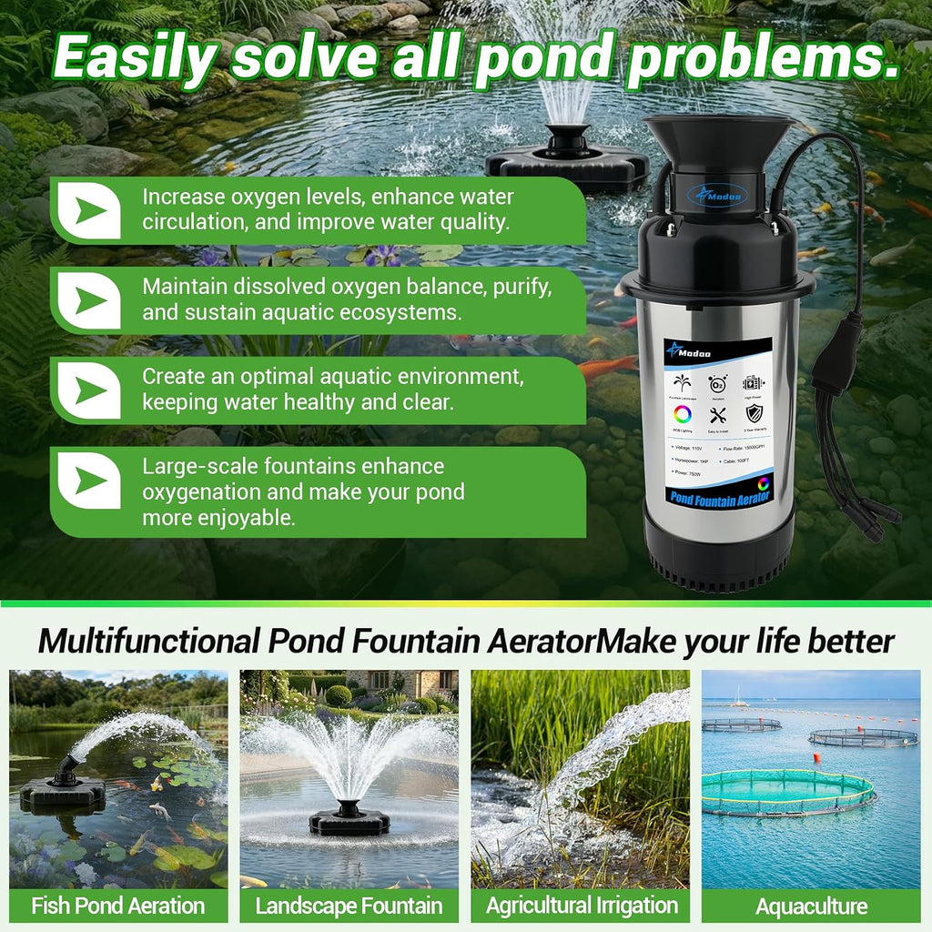 Pond Fountain Aerator, 1HP 750W Floating Fountain Aerator System for Outdoor Small Large Pond Lake, 110V 15000 GPH Fully Automatic Stainless Steel Fountain Pump with 100 Feet Power Cord