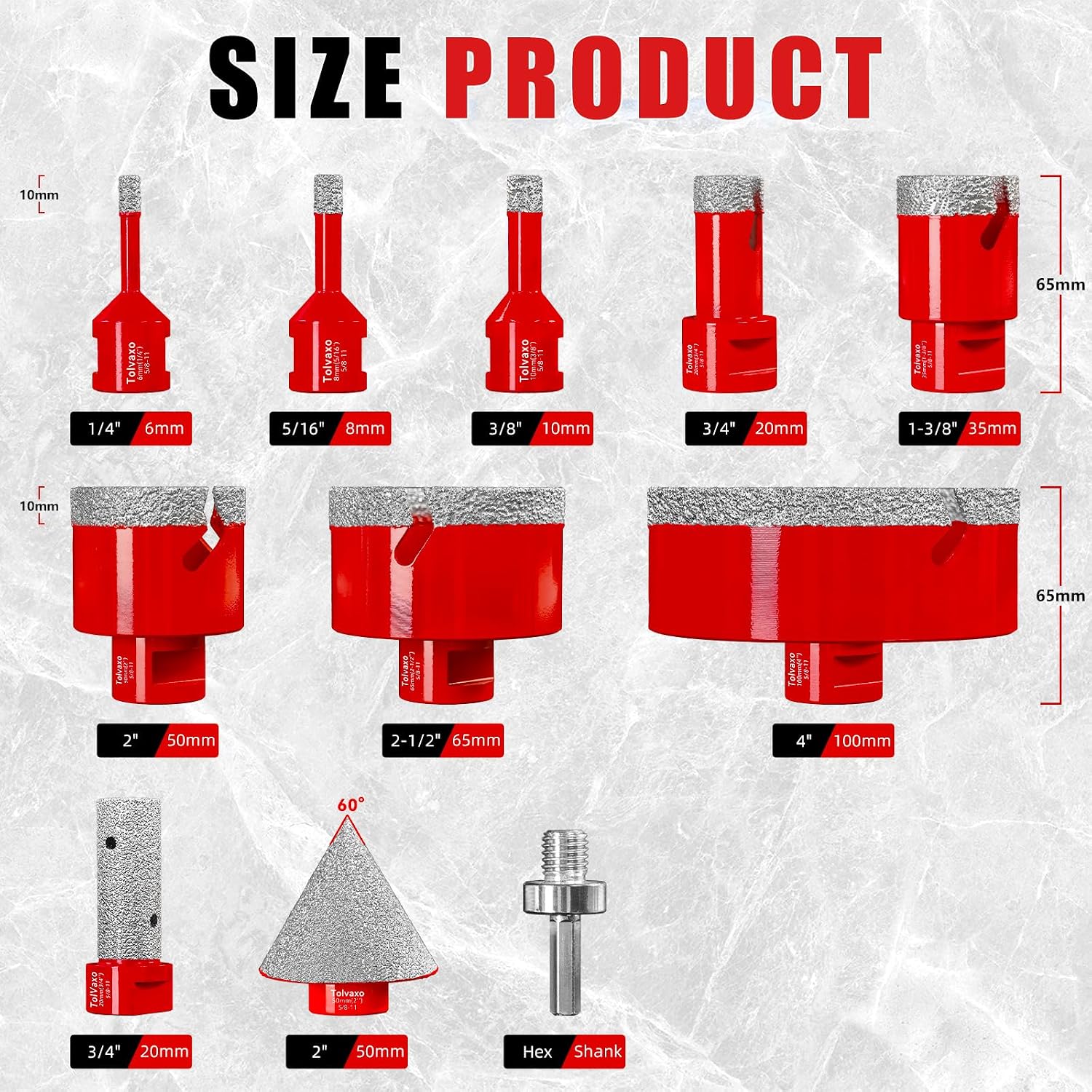 Tile Hole Saw Kit, 11Pcs Brazing Diamond Hole Saw Kit with Tile Drill bits 6/8/10/20/35/50/65/100mm, for Marble, Granite, Tiles, Ceramic and More Drilling