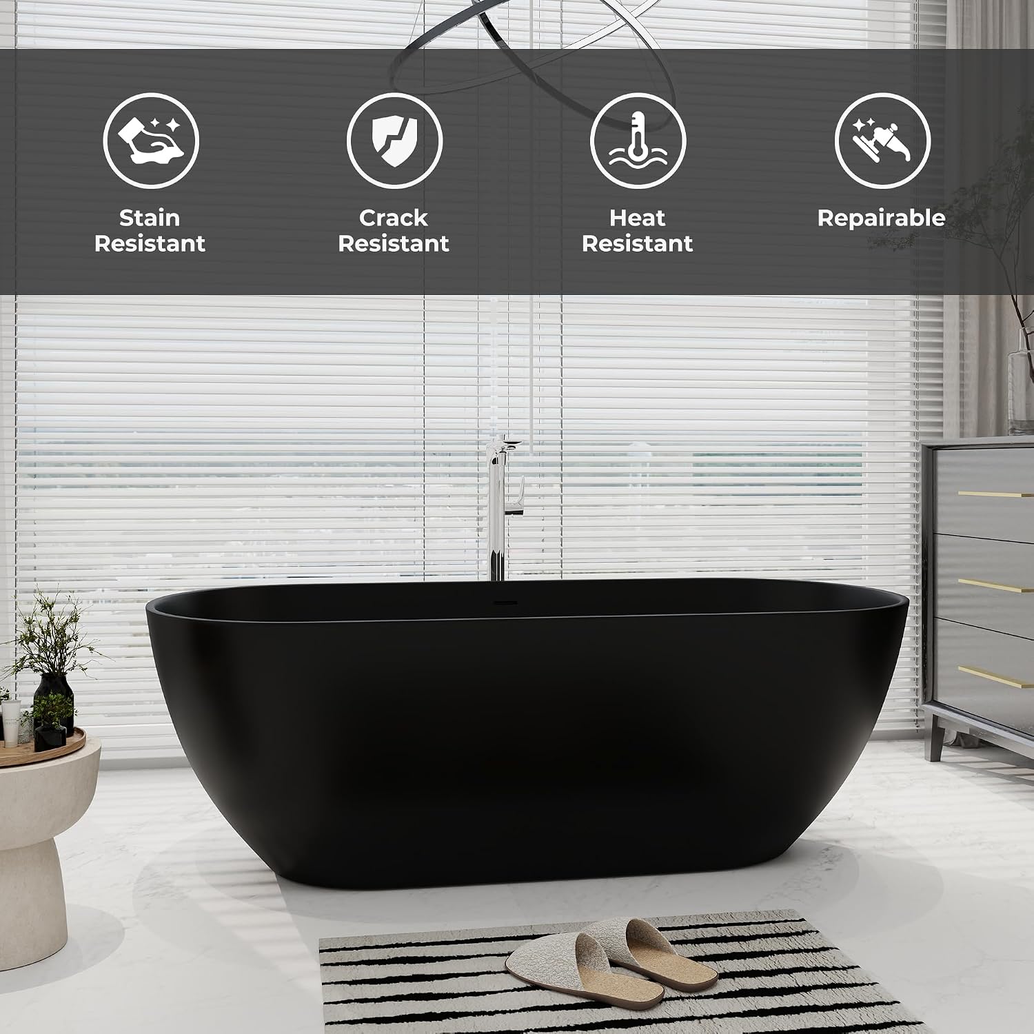 SJ STAR&JANE 69' Solid Surface Freestanding Bathtub Oval Stone Resin Soaking Tub Modern Stand Alone Tub with Overflow & Pop-up Drain, Matte Black for Bathrooms