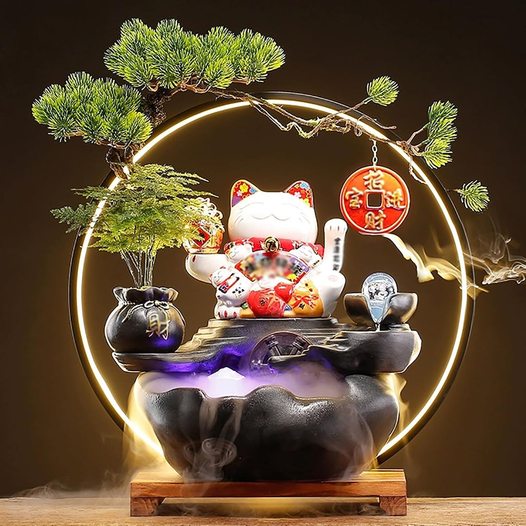 Indoor Tabletop Waterfall Fountain with Lucky Cat, Desk Small Fountain, LED Light Ring, Indoor Waterfall Feature, and Backflow Incense Burner