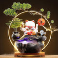 Indoor Tabletop Waterfall Fountain with Lucky Cat, Desk Small Fountain, LED Light Ring, Indoor Waterfall Feature, and Backflow Incense Burner