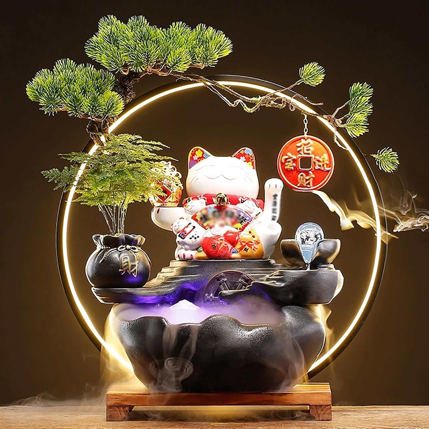 Indoor Tabletop Waterfall Fountain with Lucky Cat, Desk Small Fountain, LED Light Ring, Indoor Waterfall Feature, and Backflow Incense Burner
