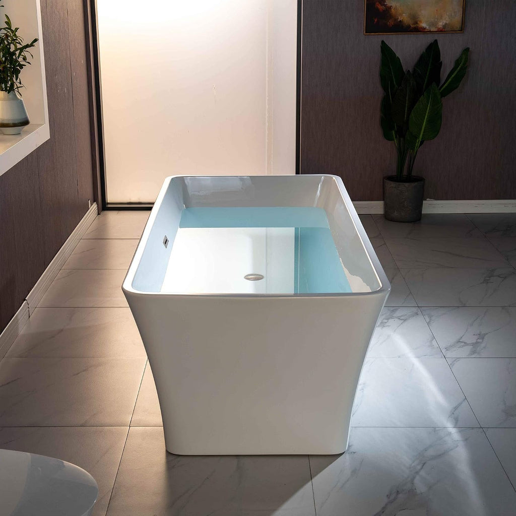 WOODBRIDGE 59' Freestanding White Acylic Soaking Bathtub with Drain Kit and Floor Mount Tub Filler, BTA1509-B/N-Drain &O +F0001BNSQ, With Brushed Nickel Drian