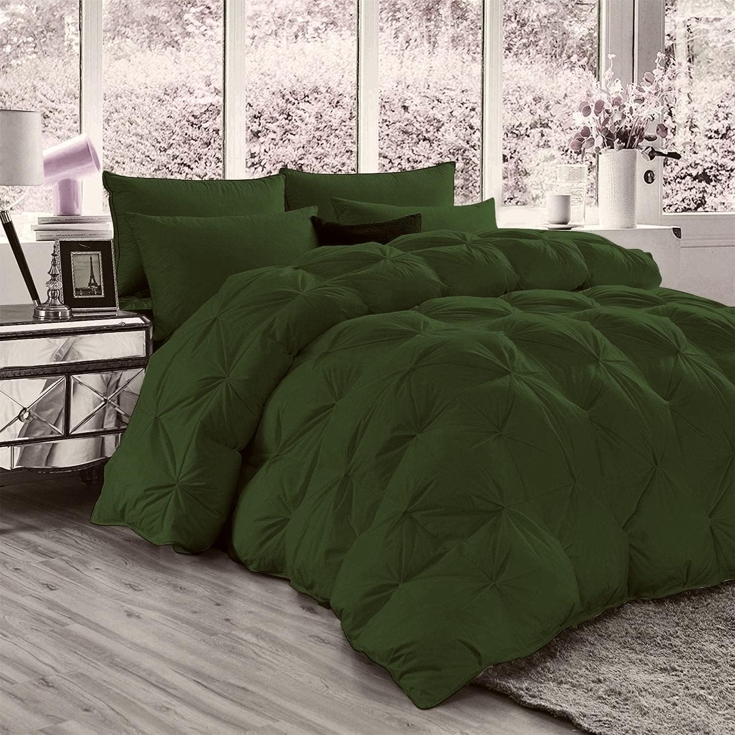 Pinch Pleated Olive 5 Piece Soft 500 GSM California Queen Size Comforter Set (Comforter + 4 Pillowcases) 1000 Series Egyptian Cotton Comforter Set