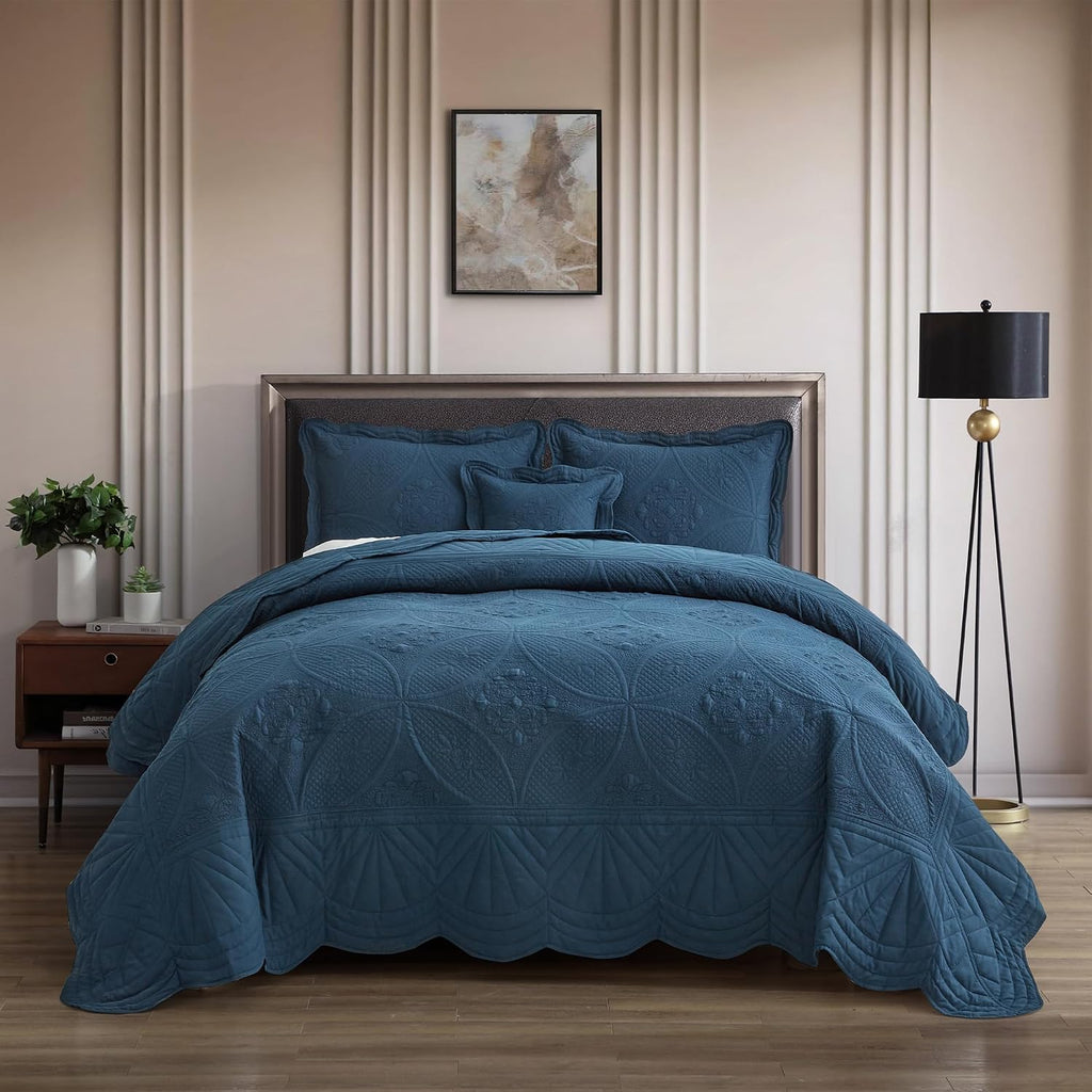 DaisyHuang Oversized Bedspread - King Size Bedding Cover - Modern & Contemporary Coverlet Set, Real Stitching, Reversible, Lightweight, 5 Piece, Navy